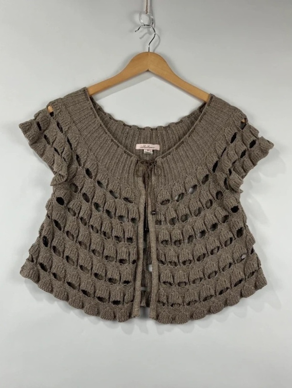 Intuitions Open Knit Ruffle Tie Neck Layering Cardigan Vest M